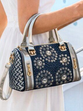 Modoker Navy Blue Crystal Studded Silver Satchel Crossbody Bag